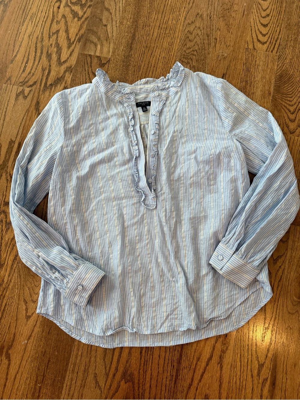 Talbots FOREST STRIPE RUFFLE POPOVER Light Blue Striped Ruffle Top MP medium - Picture 2 of 6